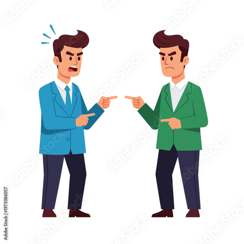 Two businessmen arguing and pointing fingers, conflict and disagreement concept illustration