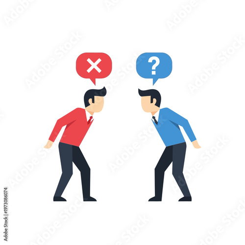 Two businessmen in conflict, one with a cross, the other with a question mark, representing disagreement and confusion.