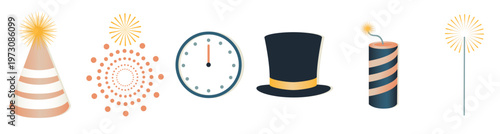 New Year 2026 photo booth props set with hat, glasses, speech bubbles, champagne, and party elements. Festive celebration elements with champagne fireworks and party hat graphic vector illustration.