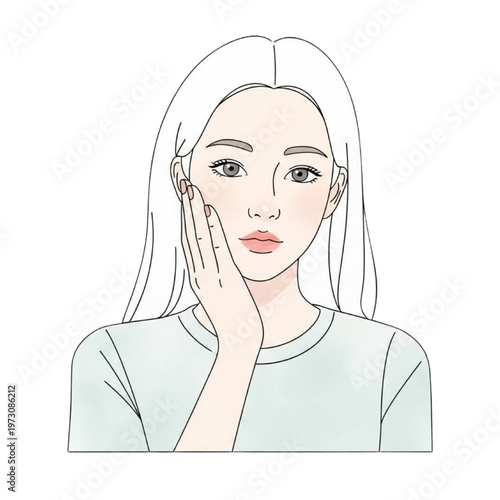 Woman touches face with hand showing surprised expression