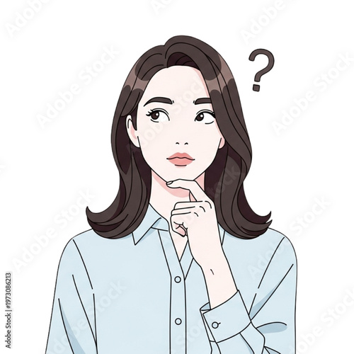 A puzzled woman in a blue shirt looks thoughtful with a question mark.