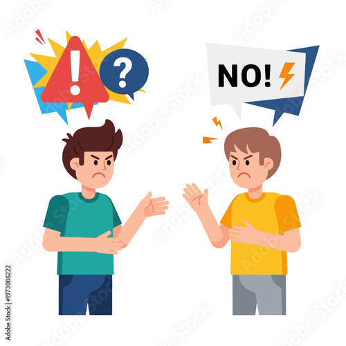 Two men arguing, conflict, disagreement, opposition, warning symbols, communication breakdown