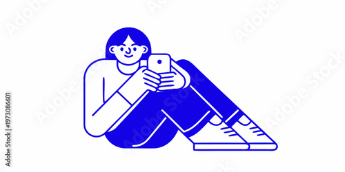Woman with glasses sits and uses a smartphone in a blue outline style