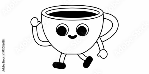 A cheerful cartoon coffee cup character is walking with arms and legs
