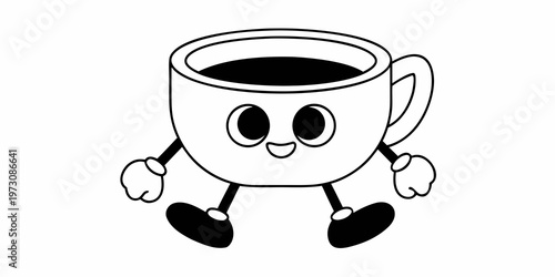 A whimsical cartoon coffee cup with arms and legs appearing cheerful