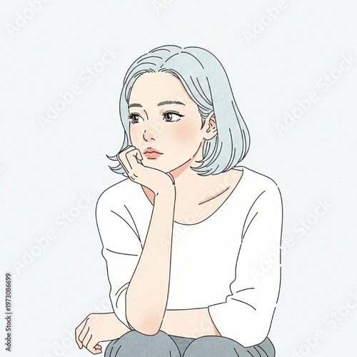 Illustration of a young woman with short gray hair sitting and looking thoughtfully to her side.