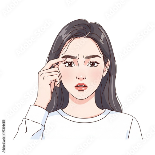 A woman with long dark hair touches her forehead in concern indoors.