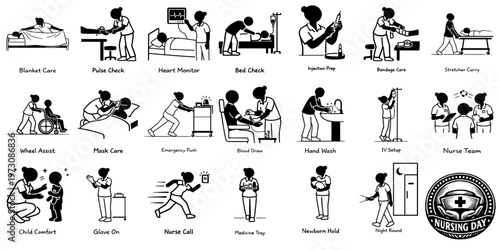 医療現場の看護師アクションアイコン集（診察・介助・処置）、Nurse Action Icon Set in Medical Scene Examination Assistance Treatment