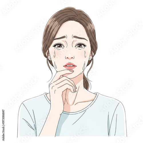 Sad woman crying with hand on chin in emotional pain indoors