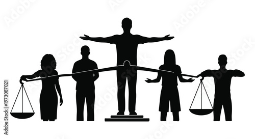 Symbolic representation of balance and fairness with diverse individuals holding scales of justice.