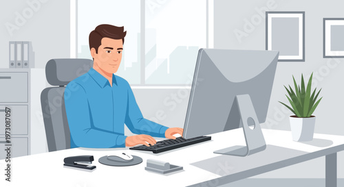 Man working on computer at office desk.