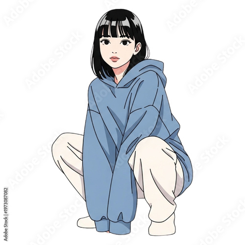 A young woman in a blue hoodie crouches down outdoors.