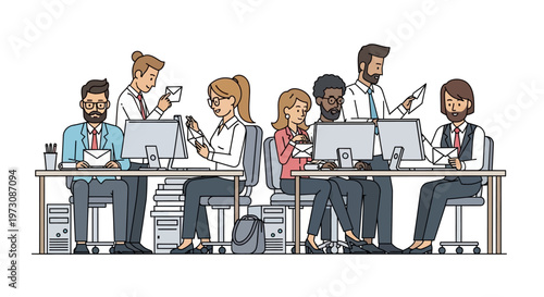Diverse office workers at desks with computers.