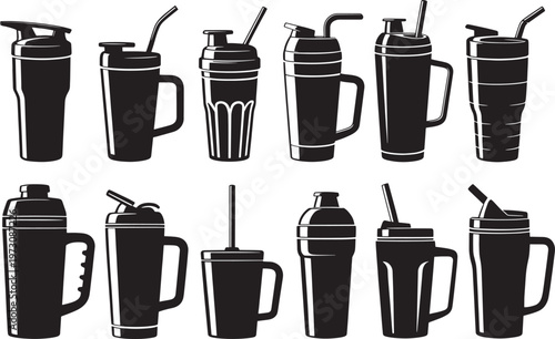 Set of vector smoothie shaker bottles illustration. collection of protein shakers and cups