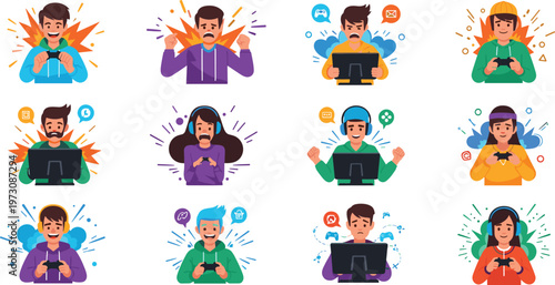 People Playing Video Games with Different Emotions and Reactions Using Controllers and Headsets in Colorful Cartoon Style Illustration Set.
