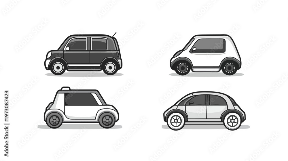 Naklejka premium Four stylized grayscale car illustrations, each from a different angle, set against a white backdrop