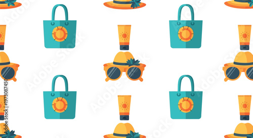 Summer beach accessories seamless vector pattern with hats, bags, sunglasses, and sunscreen