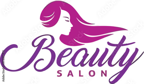 Elegant beauty salon logo featuring a womans silhouette with flowing purple hair and script typography ideal for branding hair care businesses and spa services