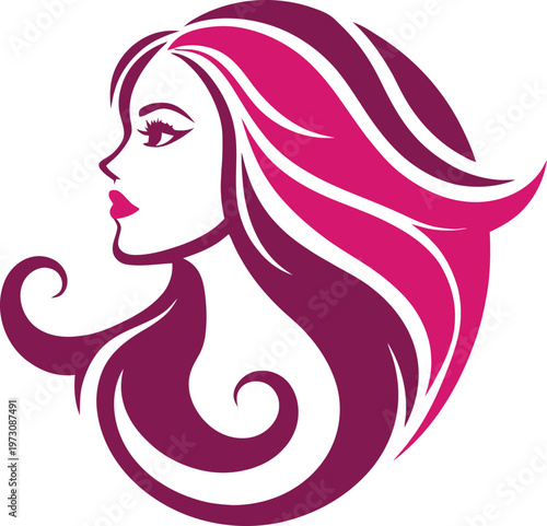 Elegant womans profile with long flowing pink and purple hair a stylized vector illustration perfect for beauty salons spas and fashion branding