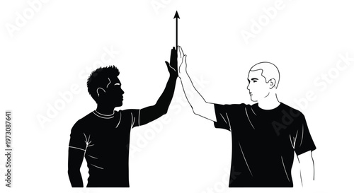 Two diverse men sharing a celebratory high-five, symbolizing teamwork and success against a white background.