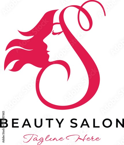 Elegant letter S logo featuring a womans silhouette profile and flowing hair a modern minimalist vector design in vibrant pink ideal for beauty salons spas cosmetics brands or fashion businesses