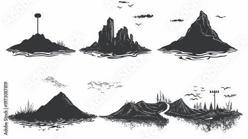 A grayscale illustration of six mountainous landscapes, including clouds and flying birds