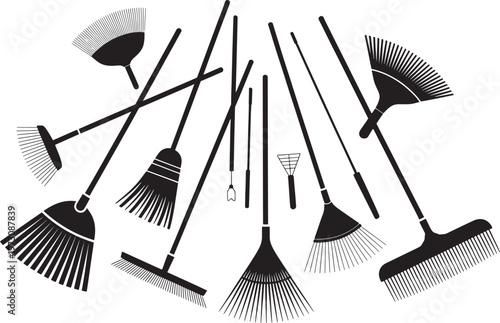 Garden rake silhouette collection set vector illustration