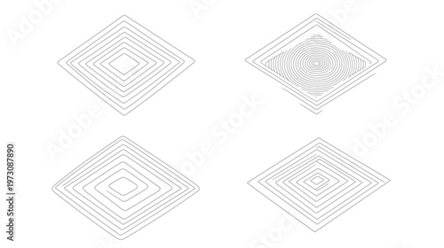 Four stylized diamond shapes, three with concentric outlines and one with an inner spiral pattern