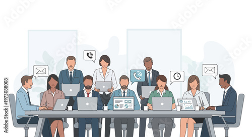 Diverse group of business professionals collaborating in a productive meeting, using laptops and discussing strategies around a large table in a bright studio background.