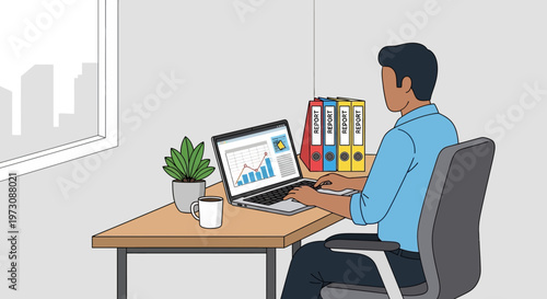 Focused man working on a laptop computer, reviewing data reports and documents at an organized office desk in a bright studio background, productive and diligent.