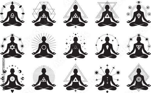 Meditating figures spiritual symbols geometric patterns enlightenment yoga poses vector set