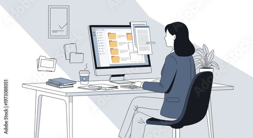 Focused woman organizing digital documents on a desktop computer in a modern office with a bright studio background, diligently working.