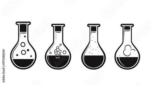 Four black and white illustrations of flasks containing chemical reactions, with liquid and bubbles