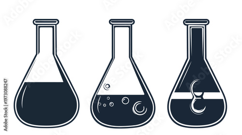 Three minimalist flask illustrations with varying fills and internal elements.  Dark blue on white
