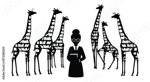 Woman in suit holding book surrounded by giraffes in surreal concept art