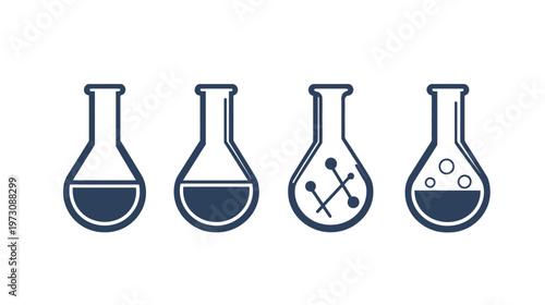 Four stylized beakers with different internal representations, from filled liquid to molecule and bubbles