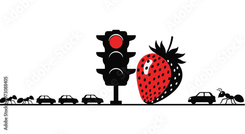 Tiny ants navigate a busy street lined with cars and a giant strawberry, stopped by a red traffic light.