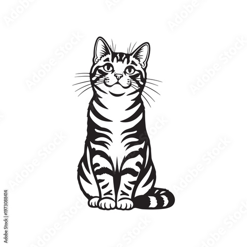 Black and white illustration of a sitting tabby cat