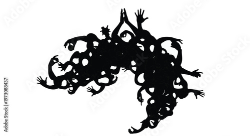 Chaotic tangle of silhouetted figures expressing distress and struggle