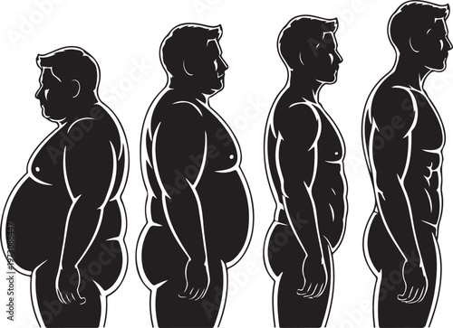 Male silhouette transformation from obese to muscular athlete progress over time showing weight loss