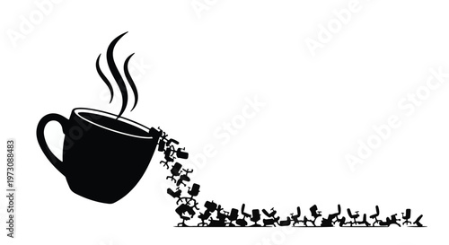 Steaming coffee cup spills beans, creating a trail of energy and aroma.