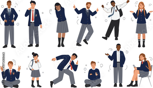Teen Students Showing Different Attitudes and Behaviors in School Uniform with Various Poses and Emotions in Modern Cartoon Illustration Set.