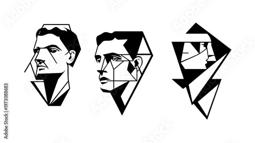 Three geometric portraits of a man in profile, featuring sharp lines and black-and-white art style