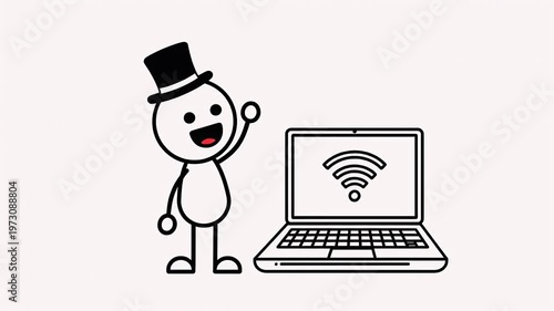 Black And White Stickman With Top Hat Joyfully Checks WiFi Connection On Laptop Displaying Wireless Symbol With Slight Pink Background And Soft Lighting