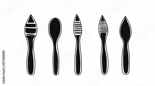 Stylized, black and white depiction of five different utensil designs arranged in a row