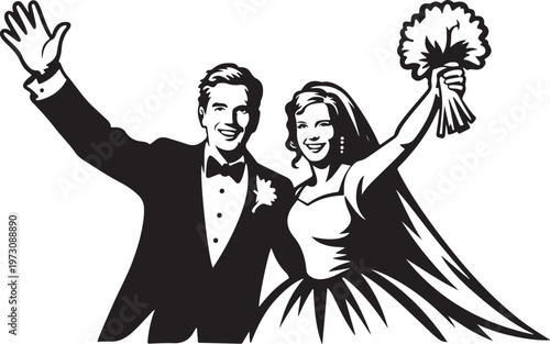 Cheerful newlywed couple waving and holding flower bouquet during marriage celebration party event