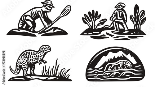 Four black and white illustrations featuring a person with a tool, walking figure, dinosaur, and a creature