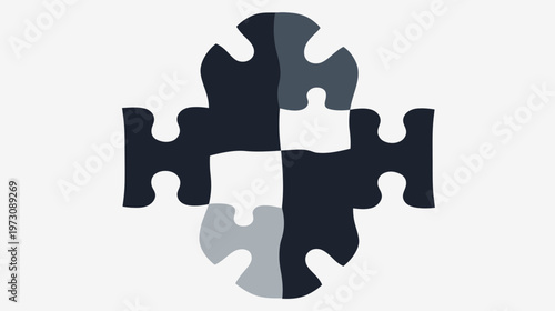 A puzzle-shaped abstract graphic with four interlocking pieces in various shades of grey and dark