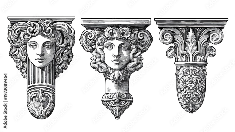 Obraz premium Three classical architectural details in grayscale, including faces and floral carvings