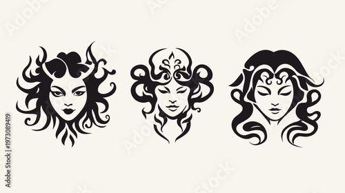 Three stylized, symmetrical, black ink drawings of serene female faces with elaborate curly hair